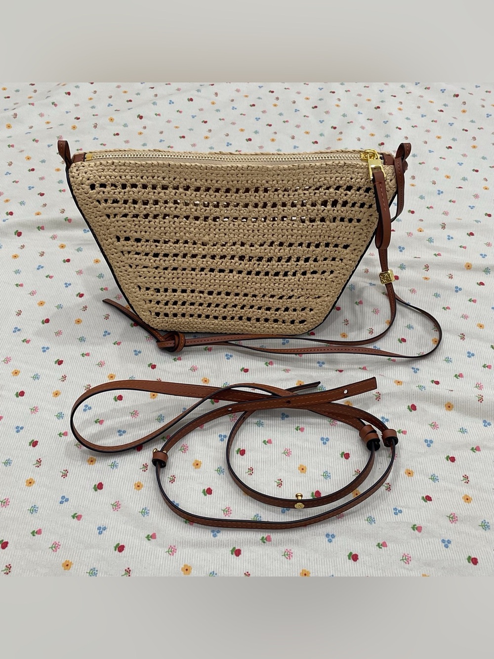 Woven Straw Crossbody Bag with Brown Leather Trim